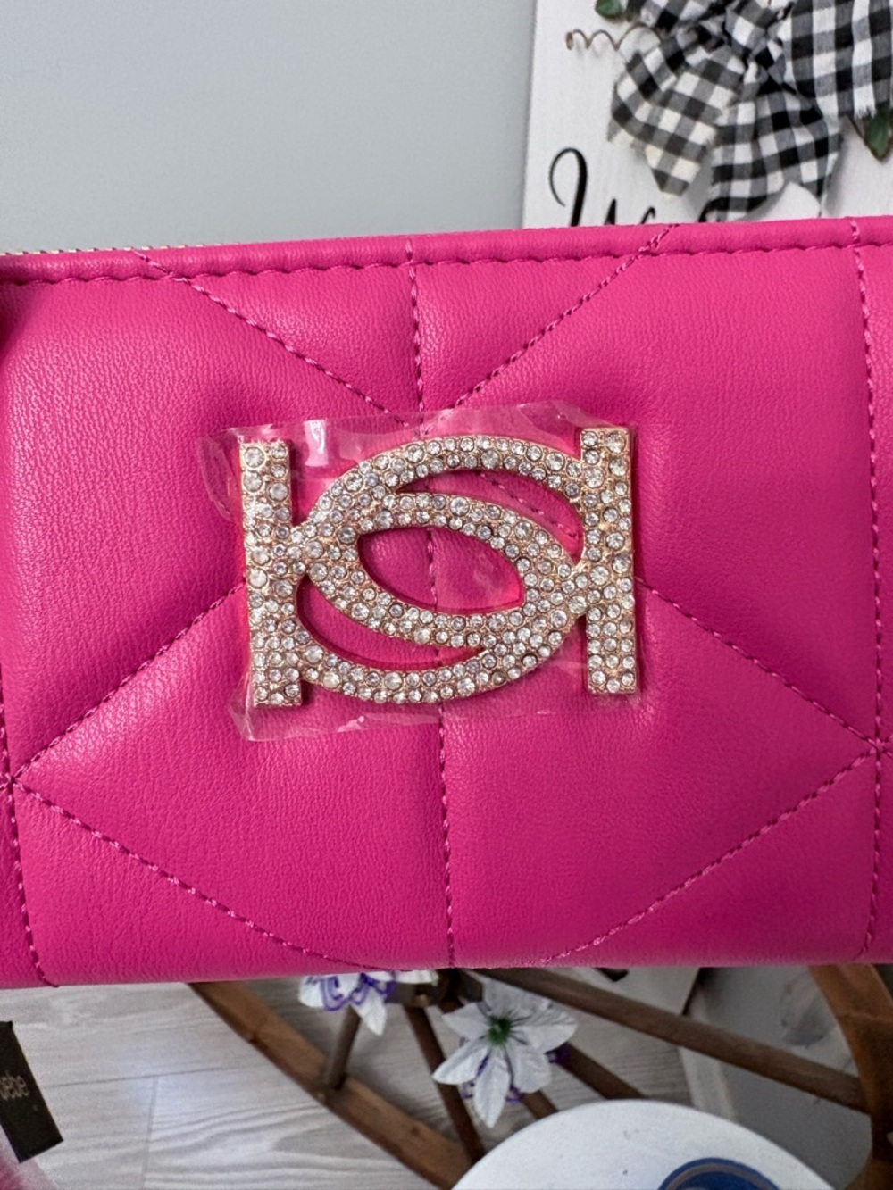 bebe Quilted Pink Wristlet Wallet with Crystal Logo NWT - Picture 2 of 5